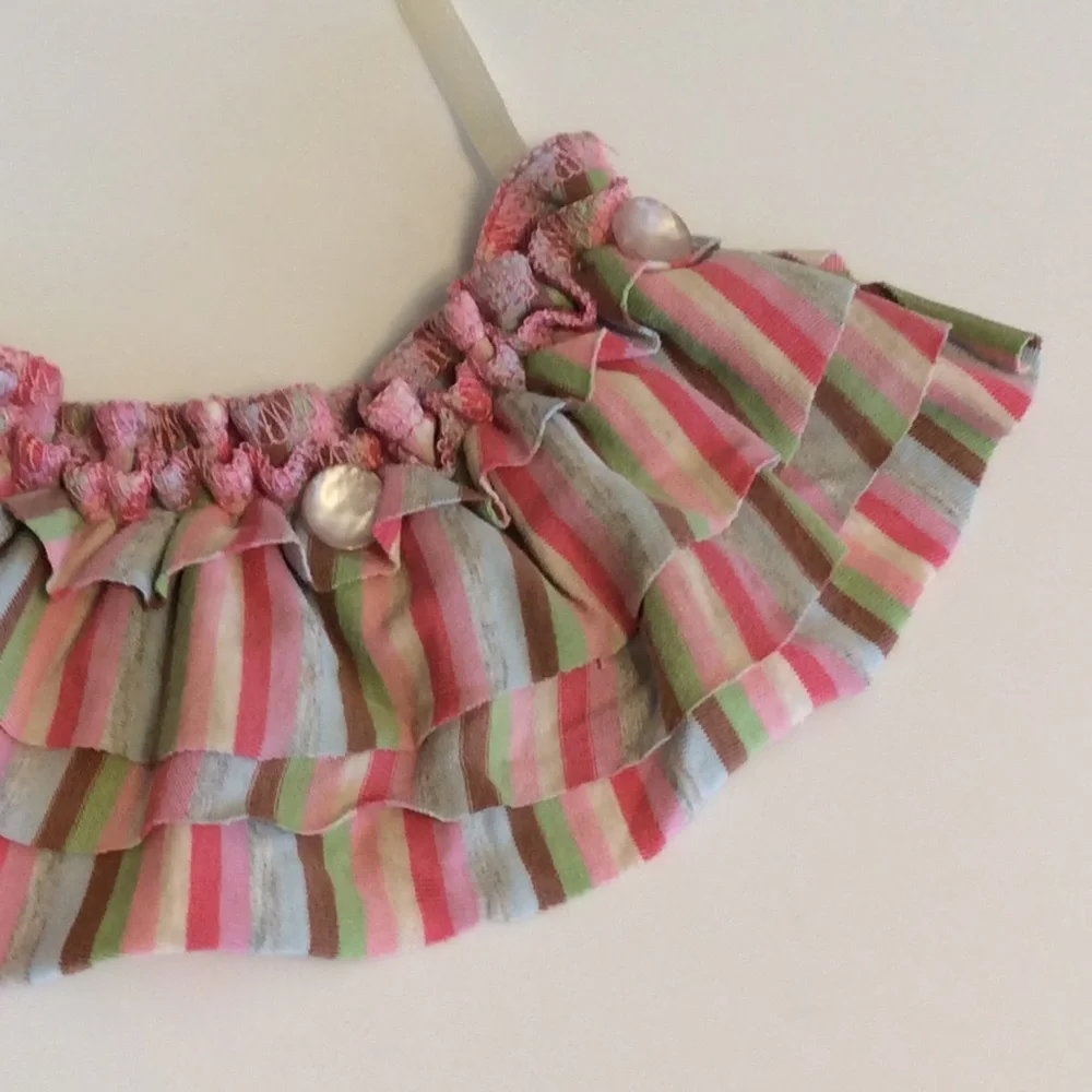Handmade ruffle fabric necklace multicolored striped & vintage pearlized buttons